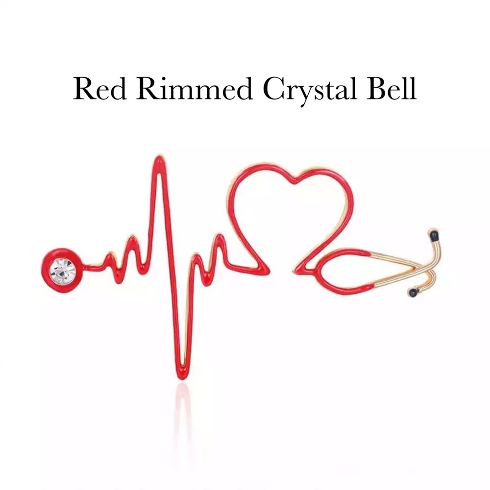 Red Heartbeat Stethoscope Brooch Lapel Pin - Picture 7 of 16
